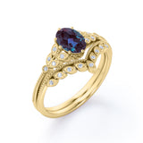 Unique Floral Design 1.50 Carat Oval Cut Lab Made Purple Alexandrite and Diamond Filigree Milgrain Wedding Ring Sets - Bridal Set Rings in White Gold for Women