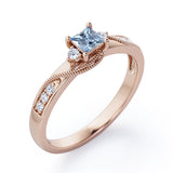 Double Curved Line Milgrain 0.55 carat Princess Aquamarine and Moissanite Dainty Engagement Ring in Rose Gold