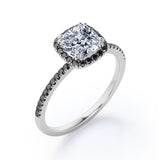 Classic Halo Setting - 1.5 TCW Cushion Cut Moissanite with Lab Created Black Diamond - Pave Style Engagement Ring in Black Gold