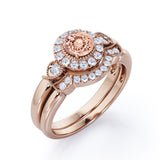 1.5 Carat Round Cut Peach Morganite and Diamond Bridal Ring Set in 10k White Gold Stunning Ring