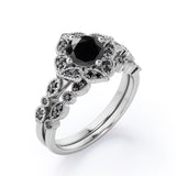 1.75 ct Round Lab Black Diamond Milgrain Floral Bridal Set