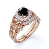 Artdeco 1.35 Carat Round cut Lab Black Diamond Wedding Bridal Ring Set in White Gold