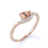 East West 1 Carat Teardrop Champagne Morganite and Diamond Curved Engagement Ring in White Gold