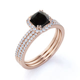Unique 2 Carat Princess cut Lab Black Diamond Trio Wedding Ring Set in Rose Gold for Her