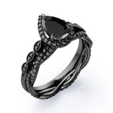Eternity Crossover 1.75 TCW Pear Shaped Lab Created Black Diamond Halo-Vintage Style Wedding Ring Set in White Gold