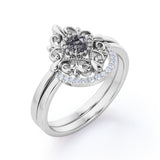 Starburst Filigree 0.65 Carat Round Cut Druzy Black Rutilated Quartz and Diamond Curved Pave Wedding Set Rings