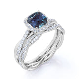 Eternity 2 Carat Cushion Cut Lab Alexandrite and Diamond Infinity Halo Bridal Set Rings for Her