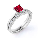 1.25 Carat Princess cut Lab Ruby and Diamond Wedding Ring Set in White Gold