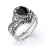 1.75 ct Pear Lab Black Diamond Milgrain Halo Wedding Ring Set
