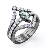 Double-Chevron 1.75 carat Kite Moss Agate and Moissanite Trio Wedding Ring Set in Black Gold
