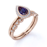 Classic 1.50 Carat Pear Shape Lab Created Alexandrite and Diamond Halo Art Deco Bridal Set Rings