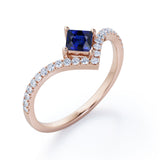 Chevron 1.25 Carat Princess Cut Sapphire And Diamond Four Prong Pave Set Engagement Ring In Rose Gold