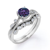 Vintage 1.50 Ct Round Lab Alexandrite Bridal Set