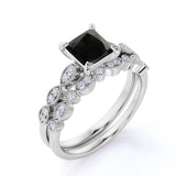 Artdeco 1.25 Carat Princess cut Lab Black Diamond Wedding Bridal Ring Set in Rose Gold