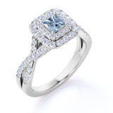 Three Stone 1.50 ct Princess Aquamarine Halo Engagement Ring