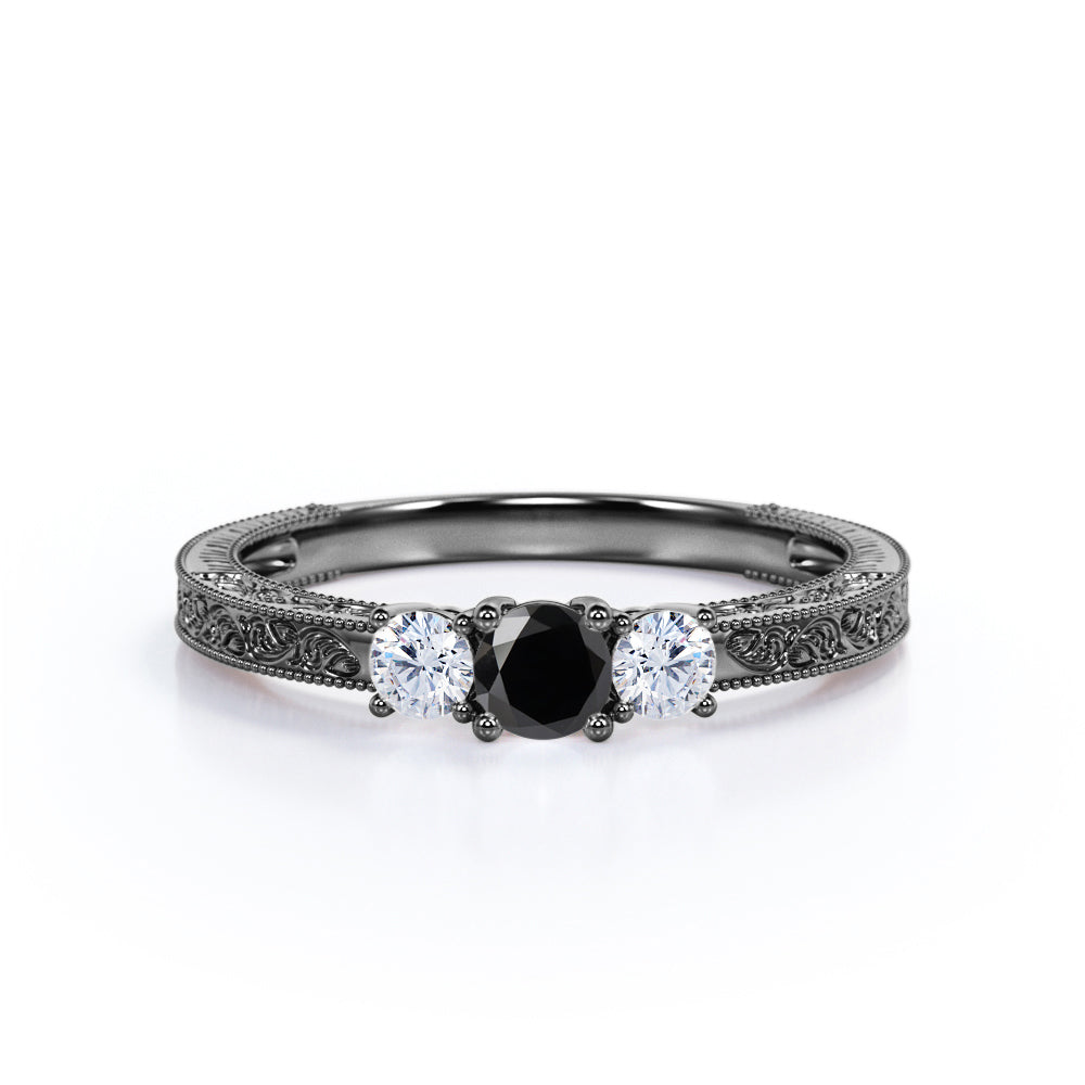 1 ct Round Lab Black Diamond Three Stone Engagement Ring