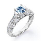 Beaded Four Prongs 1.40 Carat Round Cut Aquamarine And Diamond Vintage Art Deco Engagement Ring In Rose Gold