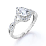 Infinity Style 1.50 Carat Teardrop Shape Moissanite and Diamond Halo Engagement Ring in White Gold