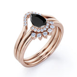 Dainty 1.35 Carat Pear cut Lab Black Diamond Antique Wedding Trio Ring Set in Rose Gold