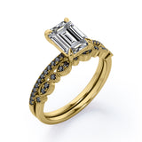 Milgrain Filigree - 1.55 TCW Emerald Cut Moissanite with Lab Created Black Diamond - Pave Accented Bridal Ring Set  in White Gold
