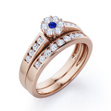 Flower Cluster Design 0.5 TCW Round-Shaped Blue Sapphire and Moissanite Flush-Channel Bridal Ring Set in Rose Gold