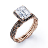Crossover with Pave Accents - 1.75 TCW Emerald Cut Moissanite with Lab Created Black Diamond - Halo Bridal Ring Set in White Gold