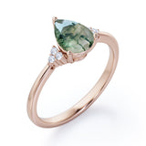 Seven Stone 0.5 carat Pear Moss Green Agate and Diamond Dainty Band Engagement Ring in White Gold