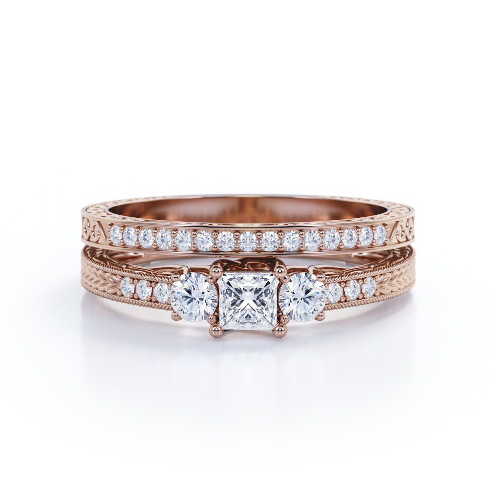 1.25 Carat Princess Cut Moissanite And Diamond Vintage Milgrain Bridal Set Ring In White Gold