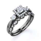 3 Stone Cathedral Modern Art Deco 1 ct TDW Princess Cut Diamond Milgrain Bridal Set - Wedding Set - 10K White Gold