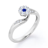 Floral Cloud Clustered 0.55 carat Round Blue Sapphire and Moissanite Distorted Engagement Ring in White Gold