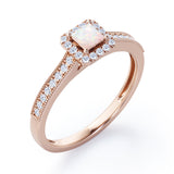 Halo Design 1.25 Carat Princess Cut Opal and diamond Milgrain-Bordered Pave-Channel Engagement Ring in White Gold