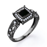 Art Deco Beaded 1.35 Carat Princess Cut Black Diamond Halo Engagement Ring In White Gold