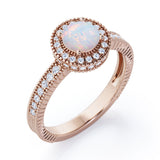 Decorative Halo 1 carat Round Opal and Diamond Milgrain Engagement Ring in White Gold