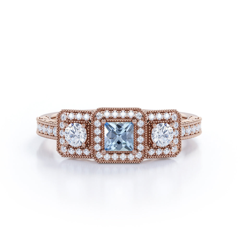 1.5 Carat Princess Cut Aquamarine And Diamond Halo Engagement Ring In White Gold