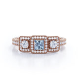 1.5 Carat Princess Cut Aquamarine And Diamond Halo Engagement Ring In White Gold