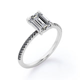Four Prong - 1.25 TCW Emerald Cut Moissanite with Lab Created Black Diamond - Engagement Ring with Pave Accents in White Gold