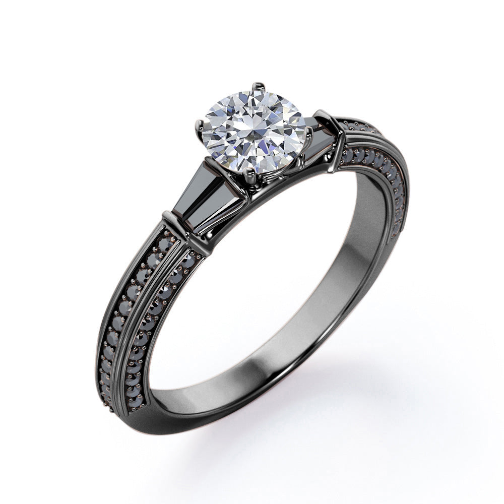 Triple Pave Channel -1.35 TCW Round Shaped Moissanite with Lab Created Black Diamond - 5 Stone Engagement Ring in Rose Gold