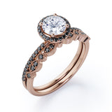 Art Deco Pave Setting - 1.65 TCW Round Cut Moissanite with Lab Created Black Diamond - Halo Design Bridal Set in Yellow Gold