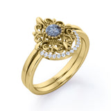 Starburst Filigree 0.65 Carat Round Cut Druzy Black Rutilated Quartz and Diamond Curved Pave Wedding Set Rings