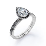 Scalloped Pave - 1.75 TCW Pear Shaped Moissanite with Lab Created Black Diamond - Halo Design Bridal Set in Rose Gold