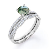 Pave 1.25 ct Round Cut Moss Agate Wedding Ring Set