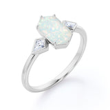 Trillion Six Prong 1.20 Carat Hexagon Shaped White Opal And Diamond Three Stone Bezel Set Engagement Ring In White Gold