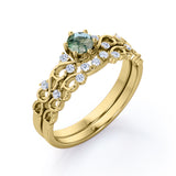 Dendritic 0.6 carat Round Moss Agate Crystal and Moissanite Swirly Wedding Ring Set in White Gold