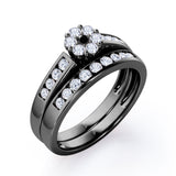 Flower Cluster Design 0.5 TCW Round-Shaped Black Diamond Flush-Channel Bridal Ring Set in  Black Gold