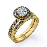 Cushion Double Halo 1.75 TCW Round Brilliant Cut Moissanite with Lab Created Black Diamond Bridal Set with Pave Accents in Black Gold