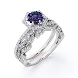 Antique Halo Hexagon 2 Carat Round Cut Lab Created Purple Alexandrite and Diamond Milgrain Pave Wedding Ring Sets - Bridal Set Rings in White Gold for Women