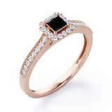 Halo Design 1.25 Carat Princess Cut Black Diamond Milgrain-Bordered Pave-Channel Engagement Ring in White Gold