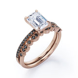 Milgrain Filigree - 1.55 TCW Emerald Cut Moissanite with Lab Created Black Diamond - Pave Accented Bridal Ring Set  in White Gold