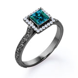 Vintage Milgrain 1.25 Carat Princess Cut Lab Created  Alexandrite And Diamond Art Deco Engagement Ring In White Gold