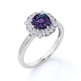 Antique Floral Bezel Set 1.50 Carat Round Cut Created Alexandrite and Diamond Channel Set Rings Engagement Ring